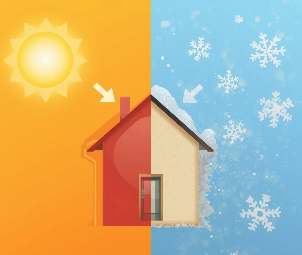 家のイラスト。半分に分かれていて右は冬で雪が降っていて左は夏で太陽の光がさしている。
