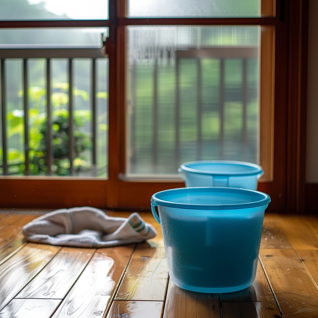 外で雨が降っているのが見える窓、床は濡れていて青いバケツと雑巾が置かれている写真。